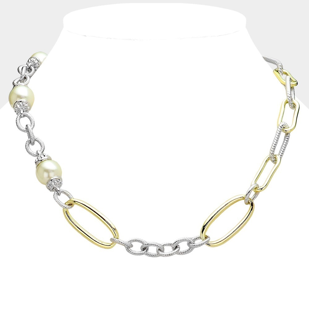 Two Tone Pearl Paperclip Chain Toggle Closure